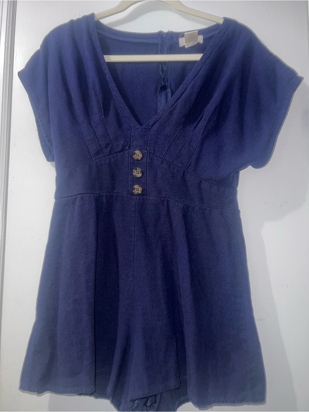 Altar'd State Deep Navy V-Neck Short Sleeve Romper with Front Buttons